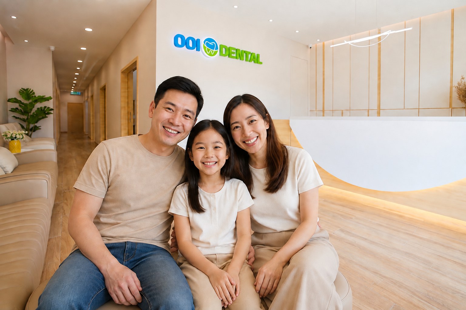 A family of three laughing together on a bench in the OOI Dental waiting area
