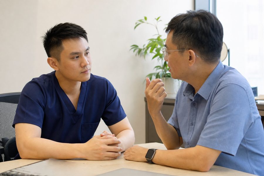A dentist listening to a patient across the consulting desk