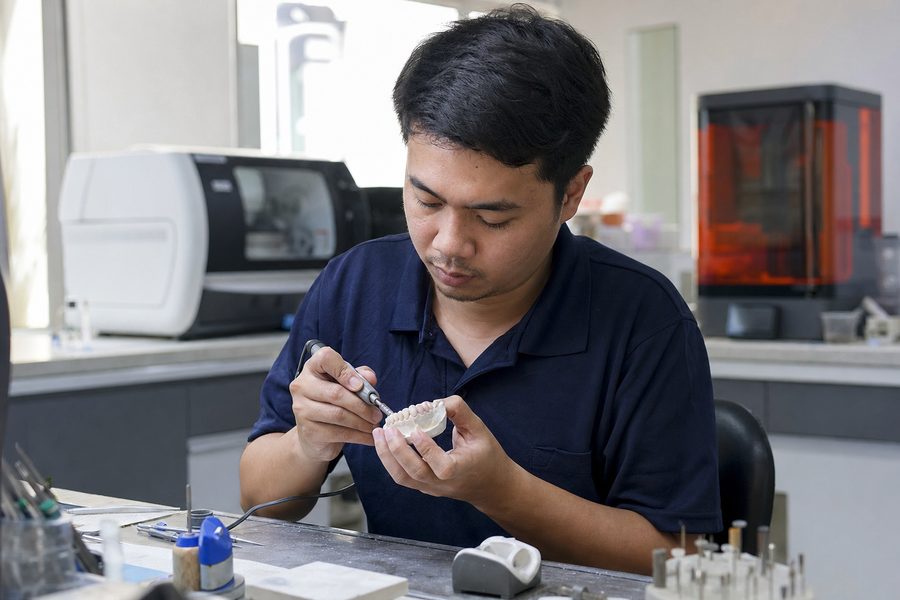 A technician shaping a restoration in the in-house laboratory