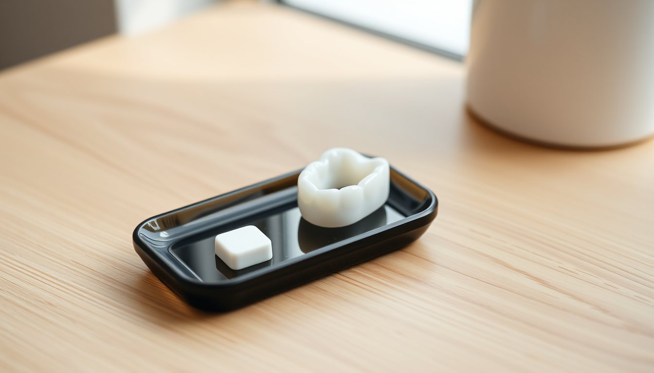 A ceramic veneer and shade tabs on a light oak surface