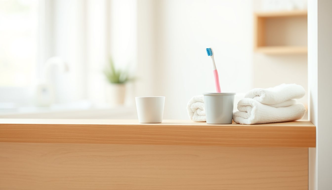 A child's toothbrush, a cup and folded towels on a wooden shelf
