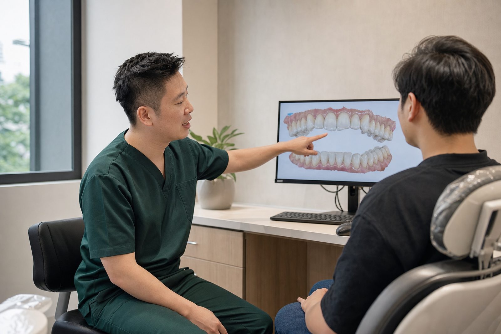A dentist at Ooi Dental pointing out a digital scan of a patient's upper and lower teeth on a monitor while the patient listens