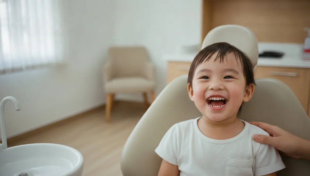 A young child sitting up in a dental chair, laughing, with a parent's hand on their shoulder