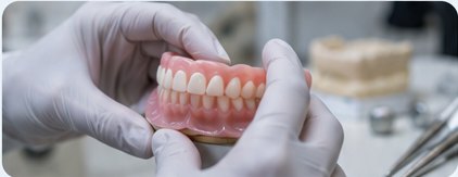 A dentist holding a full denture