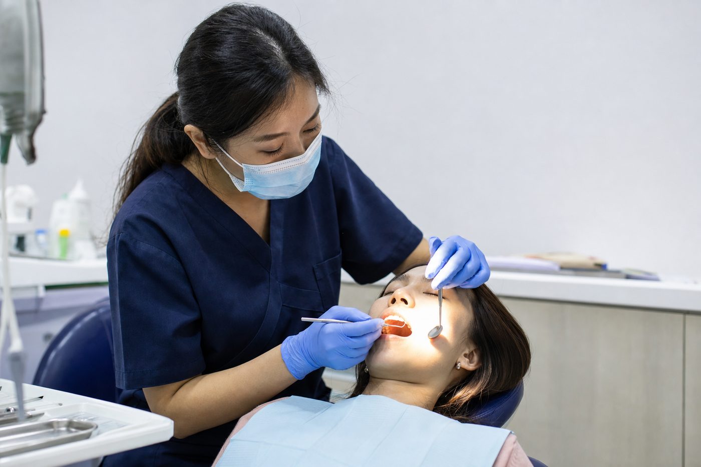 A dentist examining a patient in the chair