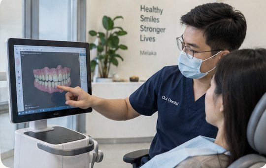 A dentist showing a patient a scan of their teeth on screen