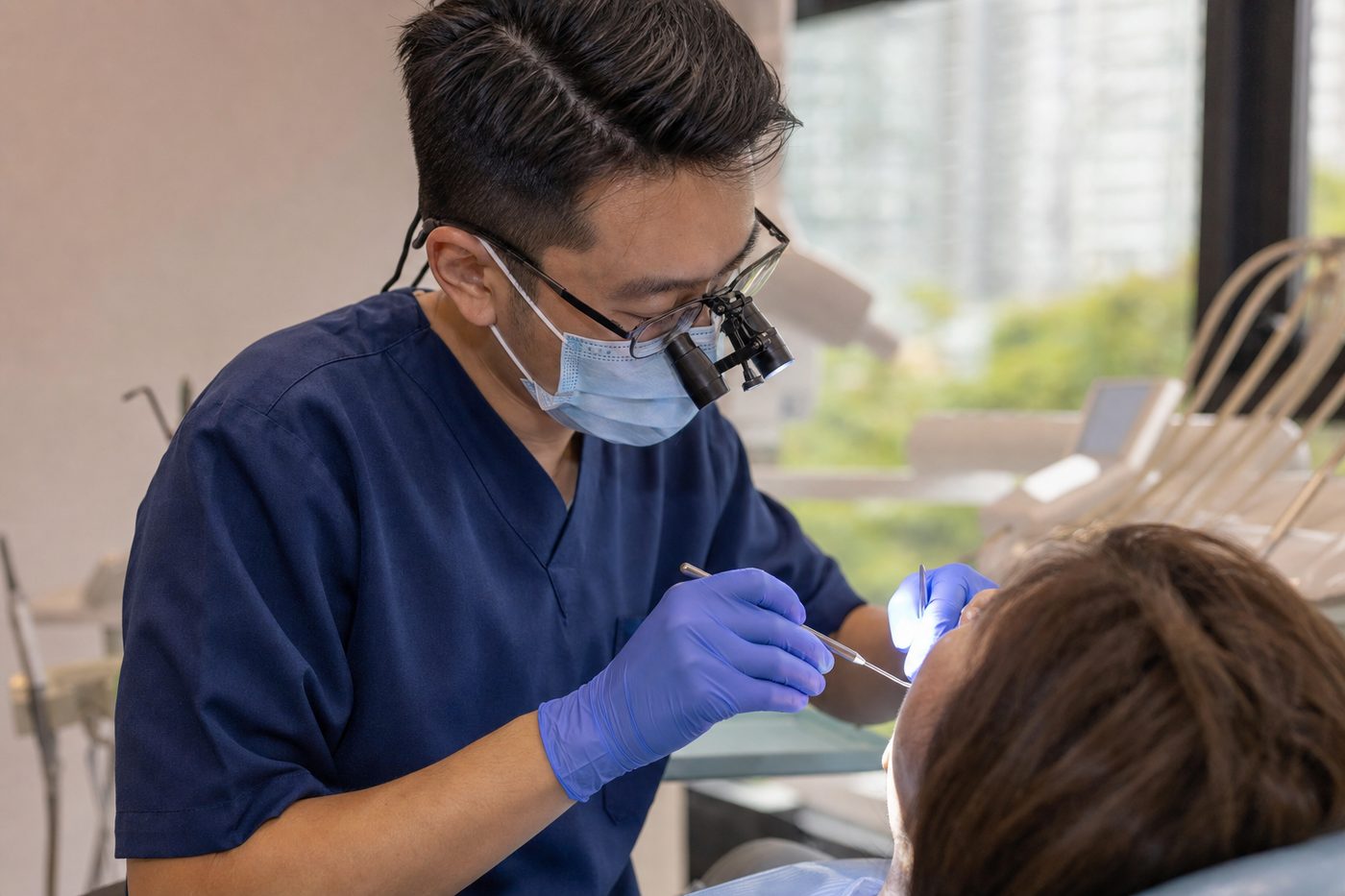 A dentist at work with loupes